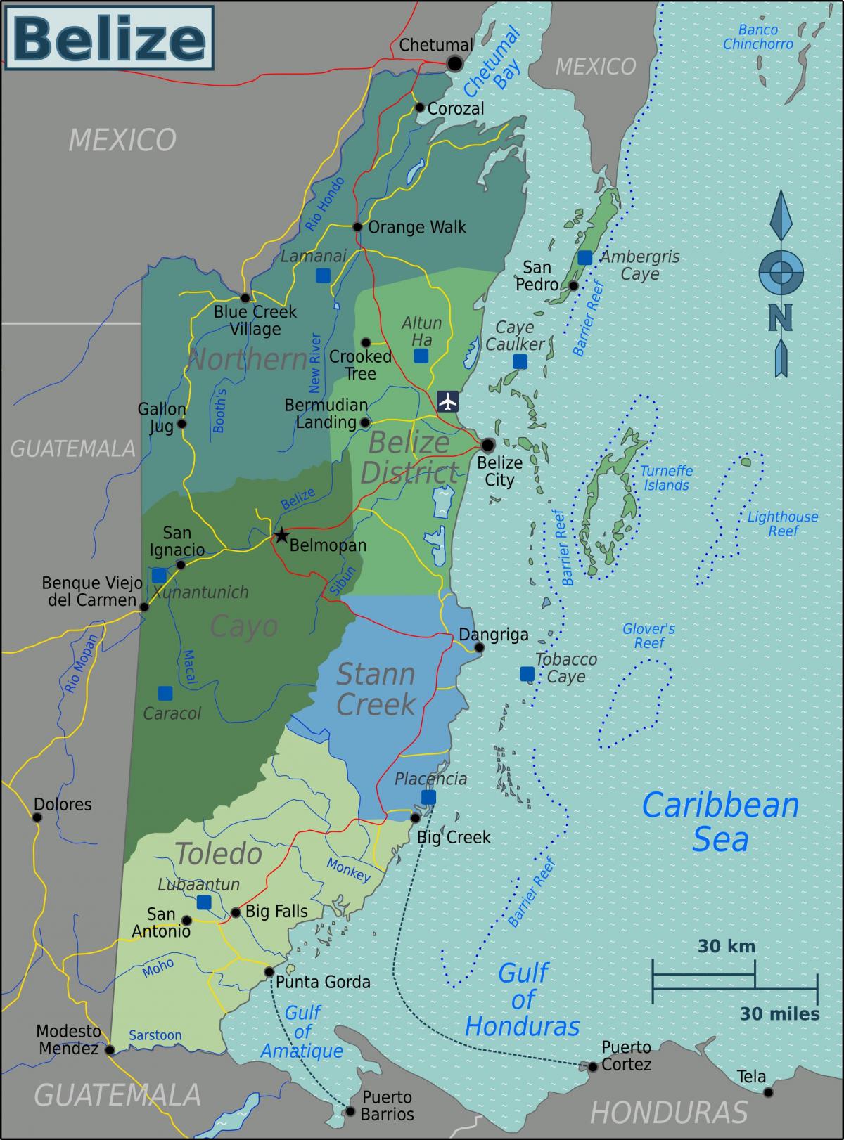 Belizen kansainväliseltä lentokentältä kartta